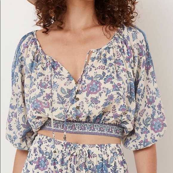 Spell Folk Song Cropped Blouse in Sky - Picture 4 of 10